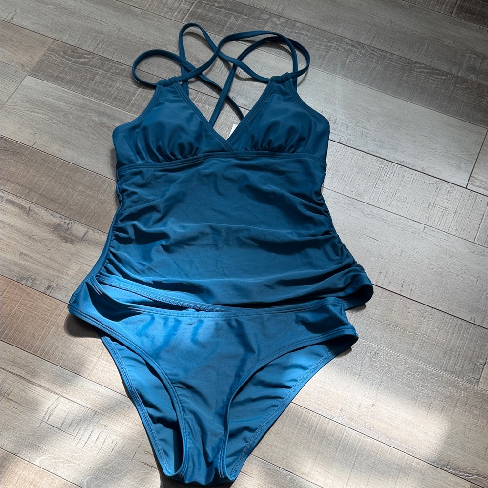 Cupshe Teal Blue Strappy Tummy Control Tankini Set